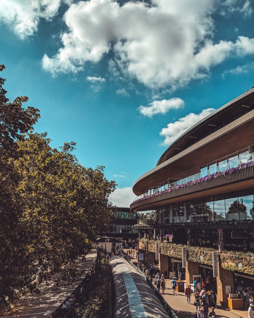 view of Wimbledon Tennis Building with blue skies