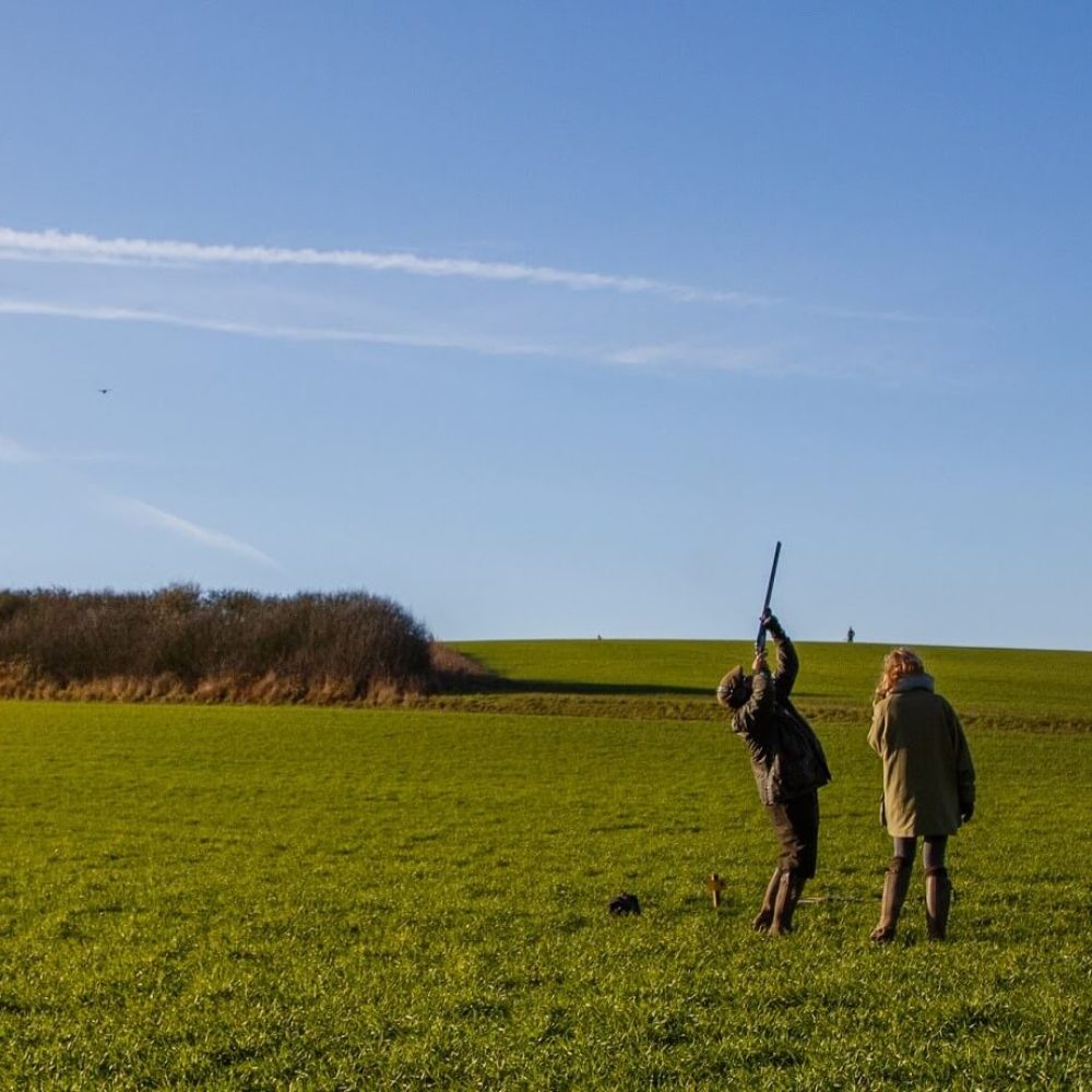 two people game shooting in the countryside. surrounded by blue skies and green grass