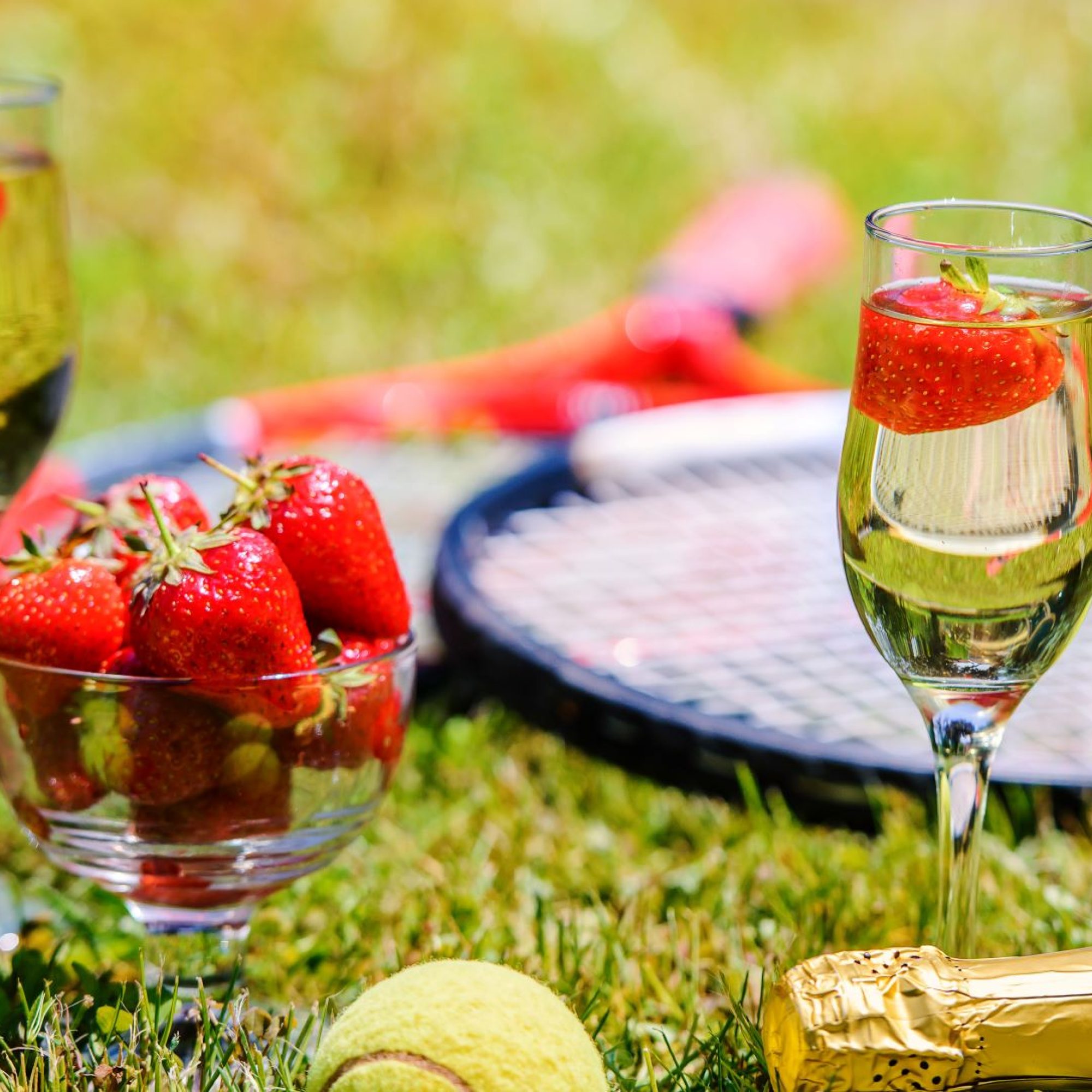 a photo of a pot of strawberries, a bottle of prosecco and two glasses of prosecco on the lawn at Wimbledon with a tennis ball and tennis racket.